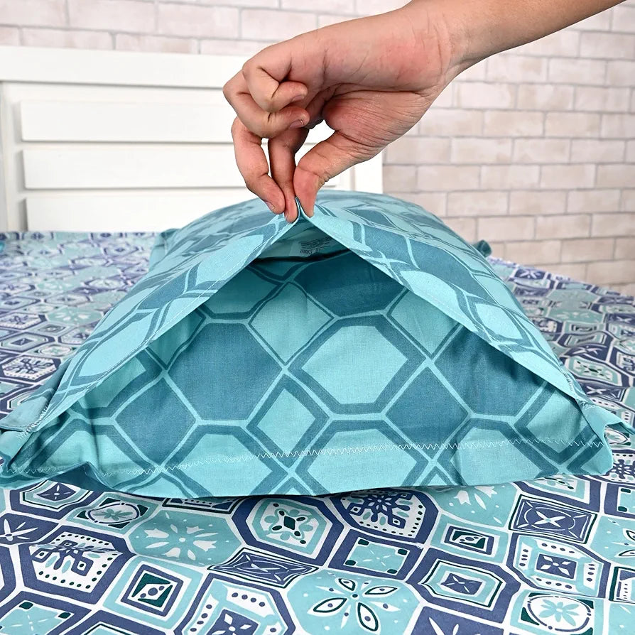 Divine Casa 144 TC 100% Pure Cotton Double Bedsheet with 2 Pillow Covers | Soft & Skin-Friendly Fabric for Everyday Comfort | All-Season Use | Size 222 x 254 CM | Geo Nordic Hexa | Ice Aqua Blue