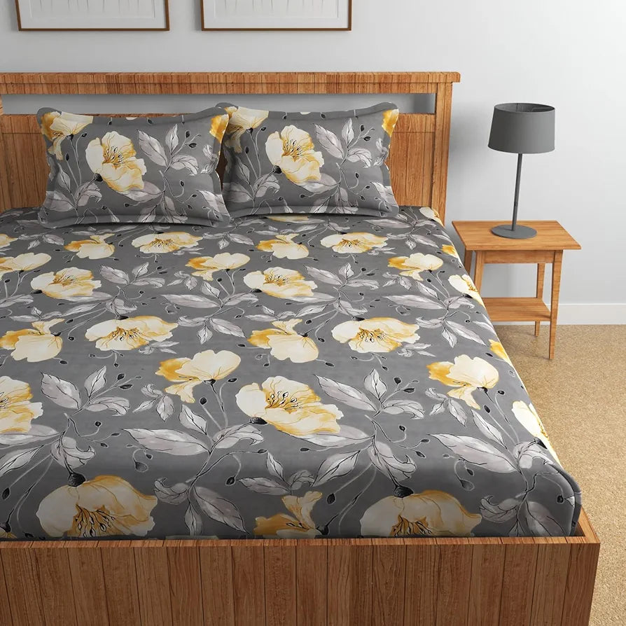 Homefab India 160 TC Glace Cotton Double BedSheet with 2 Pillow Covers -  - Grey, Floral