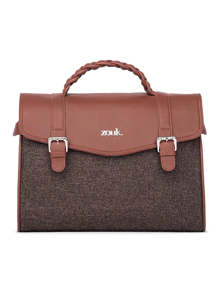 ZOUK Women's Konkona Heritage Satchel Bag | Jute | Vegan Leather Handcrafted With Detachable Sling Strap