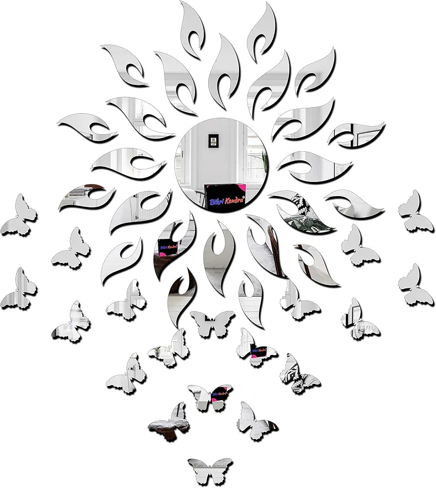 Bikri Kendra - Art BK64, Sun Silver with Butterfly Silver 20-3D Acrylic Mirror Stickers for Wall