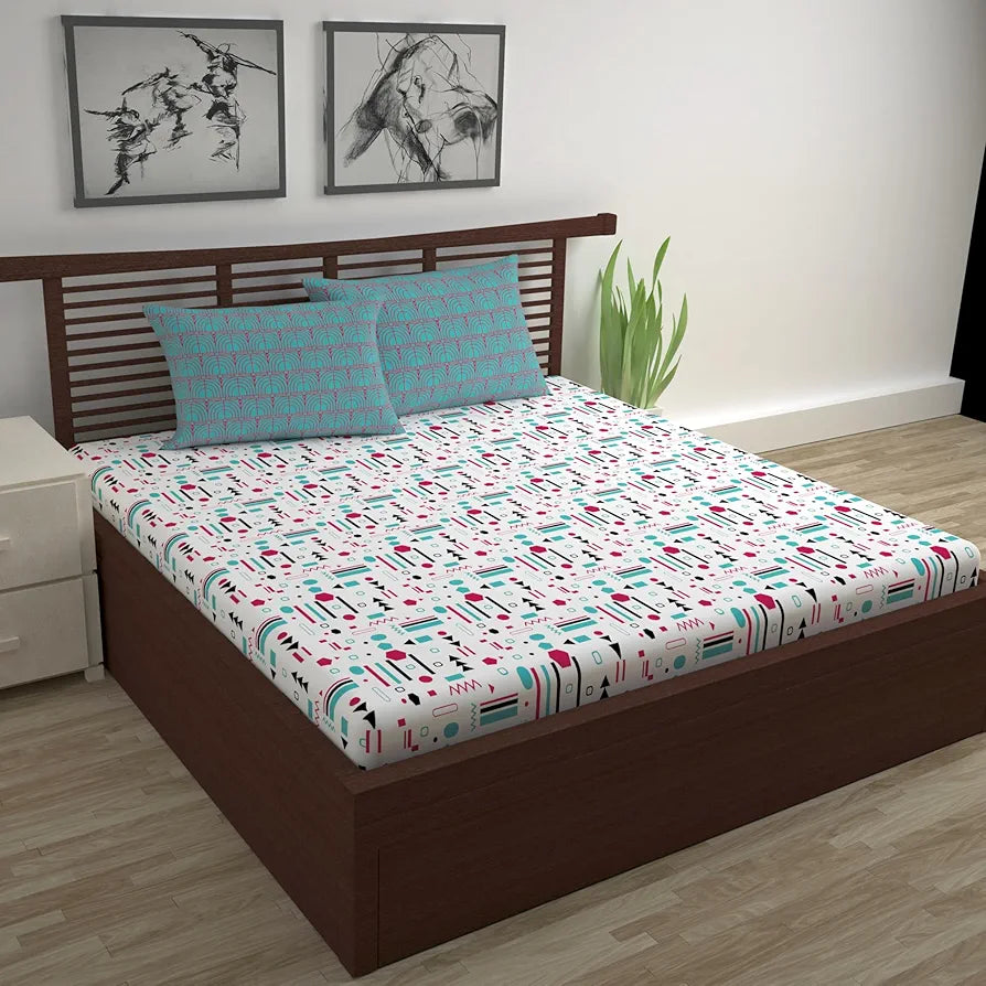Divine Casa - 144 TC Super Soft Cotton Bedsheet for Double Bed  144 Thread Count - Abstract, Red, Teal & White| 222 x 254 cm