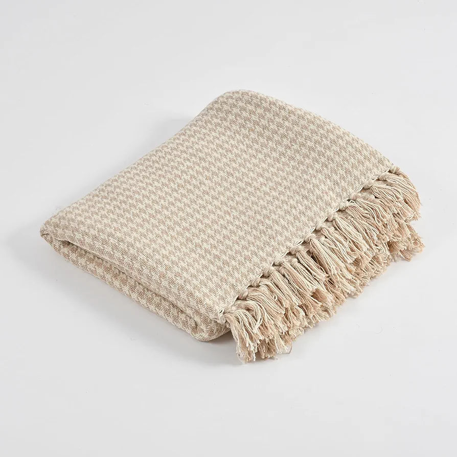 SASHAA WORLD Beige Extra Fine Plaid Sofa Throw | Soft & Cozy | Throw for Chair, Living Room, Bedroom, Sofa | Natural & Beige -130X160 Cm