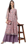 Janasya Women's Pink Chiffon Lurex Floral Printed Flared Kurta