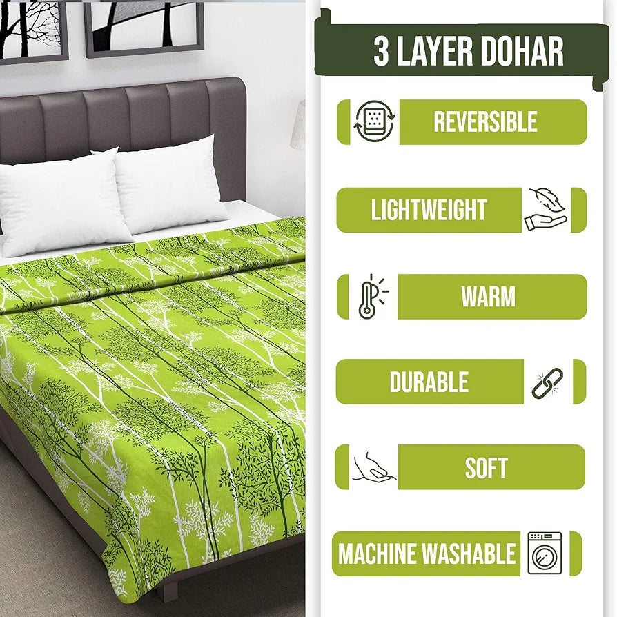 Divine Casa Glace Cotton 120 GSM Reversible Lightweight Printed Single Bed AC Dohar Blanket Quilt - Green and Dark Green| TC - 120