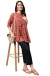 Janasya Women's Red Cotton Floral Printed Empire Tunic