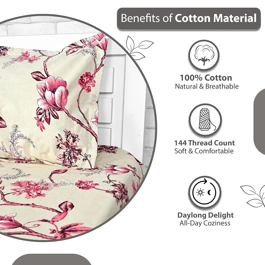 Divine Casa Double Size Bedsheet for Double Bed, 144 TC Pure Cotton Queen Size with 2 Pillow Covers | 222 by 254 cm | Floral | Sky Blue Mist