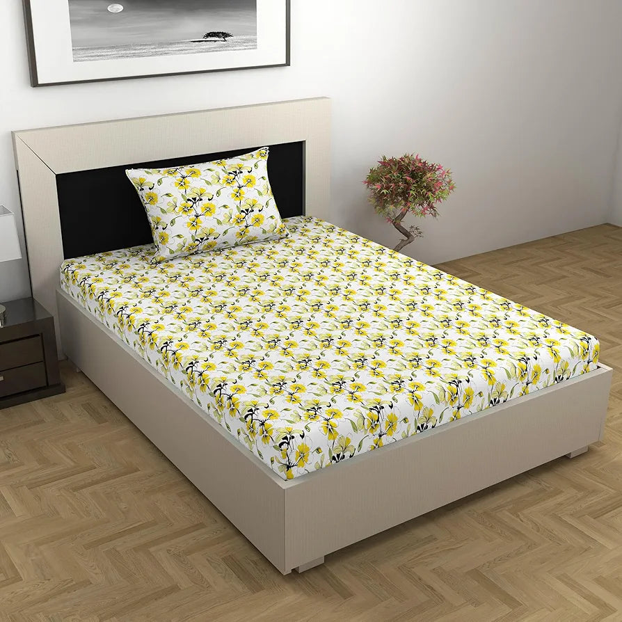 Divine Casa Bedsheet for Single Size Bed 144 TC Cotton Bedsheet for Single Size Bed with 1 Pillow Cover  Floral Golden Daffodil Cotton Bedsheet