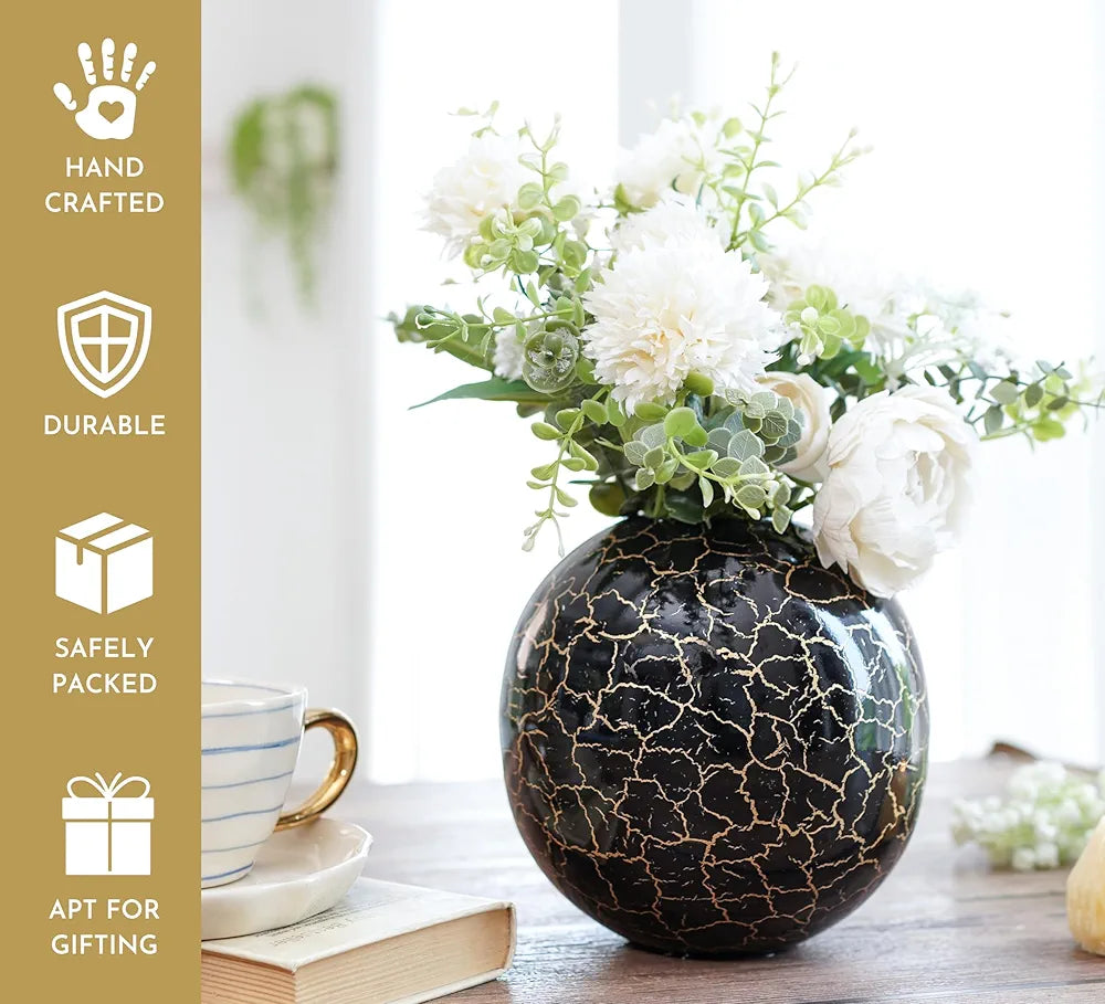 BEHOMA Metal Ball Vase for Home Decor|Flower Pot for Bedroom Living Room Office Wedding|Flowers Arrangement for Birthday Anniversary Festival|Black Crackled Medium 