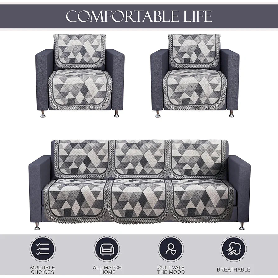 Kuber Industries Set of 10 Anti-Skid Sofa Cover 5-Seater | Comfortable Slipcover Sofa Cloth & Furniture Protector for Home Decor | Triangular Ultra Sonic BMW-White Grey