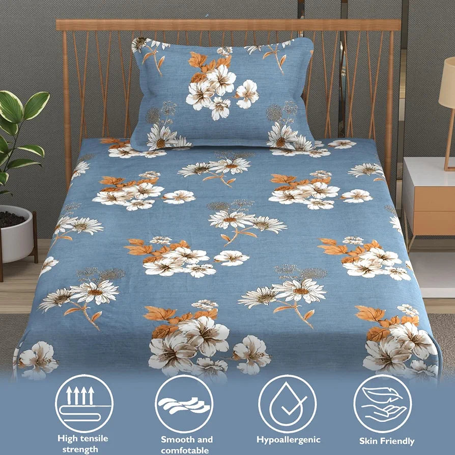 FRESH FROM LOOM Floral Print Single Bed Bedsheet Set - Microfiber, 240 TC, Hypoallergenic, Includes 1 Pillow Covers 