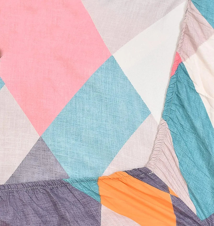 THE HOME STYLE Cotton Feel Glace Cotton All Around Elastic Fitted Printed King Size Double Bed Bedsheet With 2 Pillow Cover 300 TC 