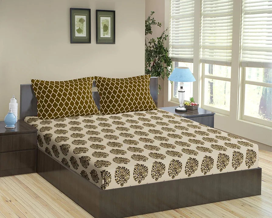 Trance Home Linen 200 TC 100% Cotton Standard King Size Elastic Fitted Bedsheet|Printed King Bed Size Elasticated Fitted Bedspread with 2 Pillow Covers 