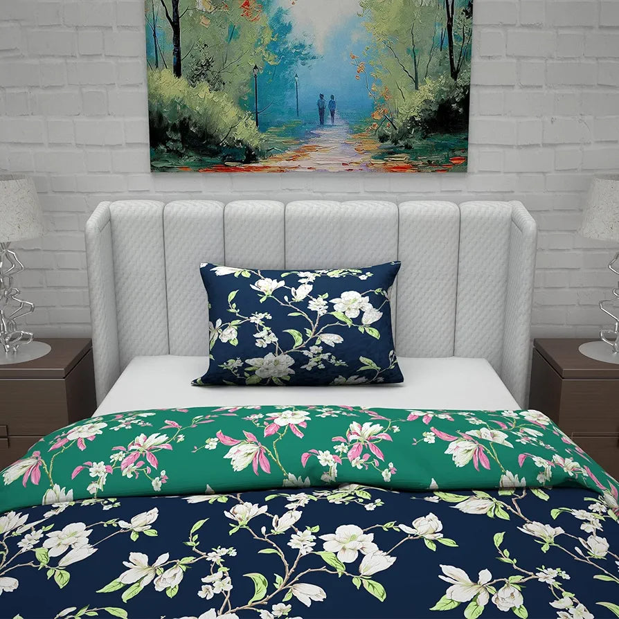 Divine Casa Microfiber Reversible Single Bed AC Duvet Cover Set with 1 Pillow Cover | Soft & Cozy for Quilt/Comforter/Blanket - Green & Navy Blue