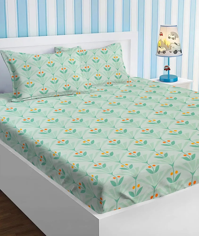 Premium Cotton Elastic Fitted Bedsheets with 2 King Size Pillow Covers Double Bed with All Around Elastic Supersoft Size - 72 x 78 +10 inches Flower Print Light Green Orange 200 tc - 220 tc