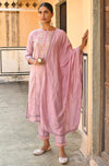 Janasya Women's Mauve Poly Silk Floral Embroidery Kurta with Pant and Dupatta - 2XL