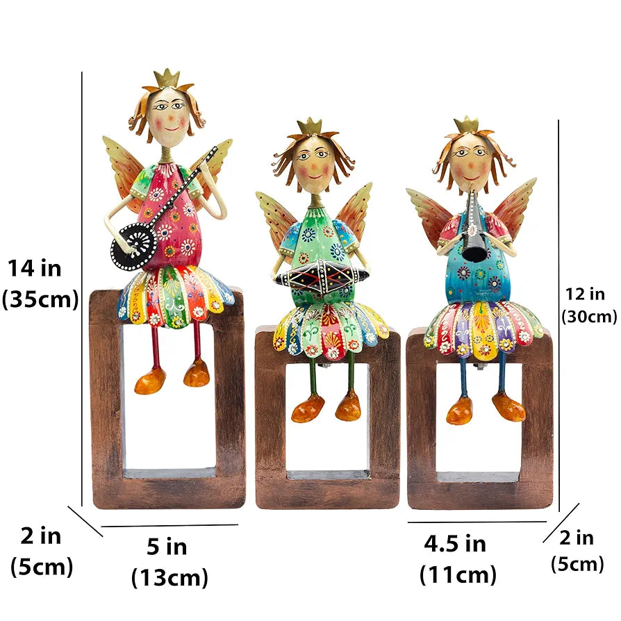 KRAFTSKALA Angel Musician Statues – Set of 3 | Handcrafted Metal & Wood | Wall Hanging, Shelf Display, Tabletop Home Decor Gift Item
