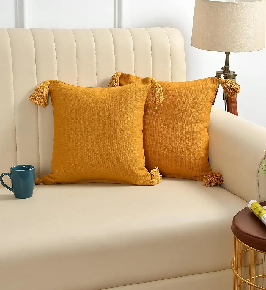 SASHAA WORLD 100% Cotton Cushion Covers with Tassels/Decorative Throw Pillow Set of 2 