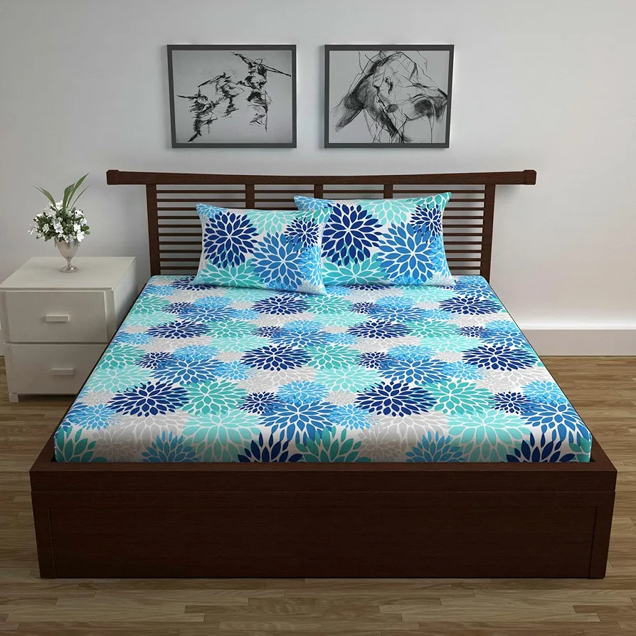 Divine Casa 144 TC 100% Cotton Double Bedsheet with 2 Pillow Covers | Skin-Friendly Fabric for Everyday Comfort | 254 X 222 CM | Floral Pattern | Blue Aqua