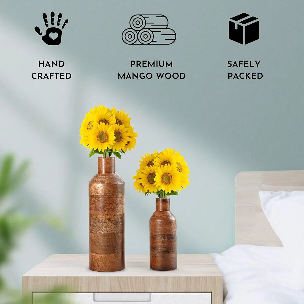 Behoma Wooden Flower Vase Set of 2, Bottle Shape Mango Wood Vases for Flowers for Decor Home Living Room Kitchen Office, Walnut Brown Finish | Height - 9 inch  & 5.9 inch 