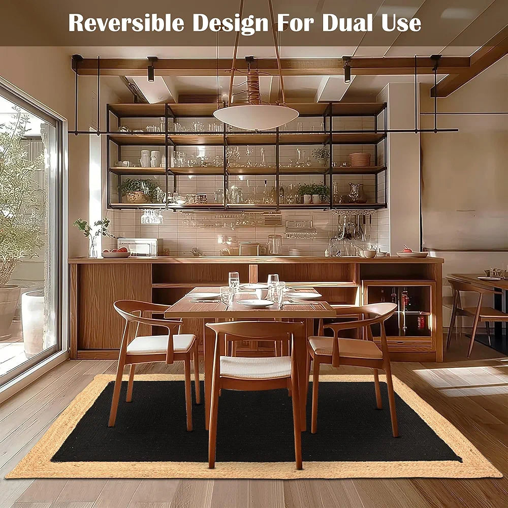Kuber Industries 3x5 Feet Reversible Carpets for Living Room | Machine Washable Bedside Floor Rugs Mat for Bedroom, Balcony & Drawing Room | Border - Black & Beige