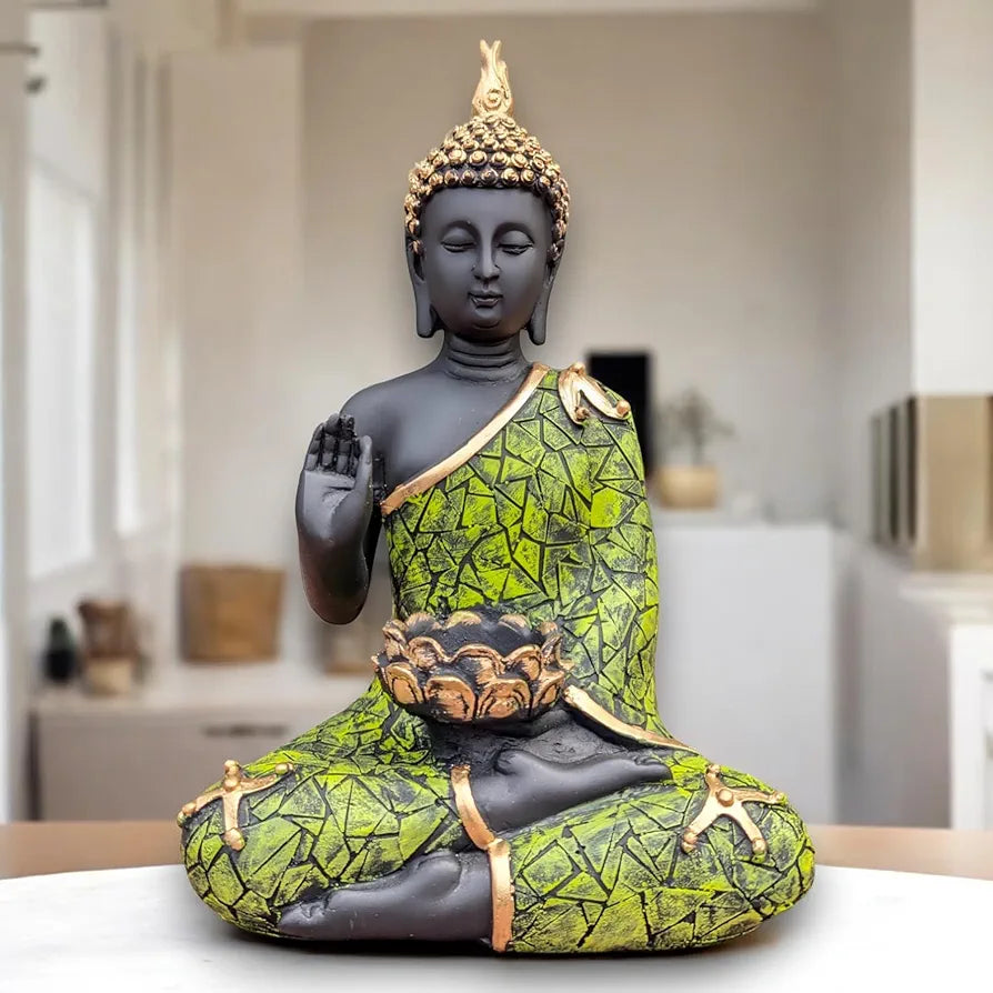 Meditating Buddha Statue with Tealight Candle Holder Polyresin Showpiece for Home Decor Living Room Office Vastu Gift Housewarming 28 cm Black Green