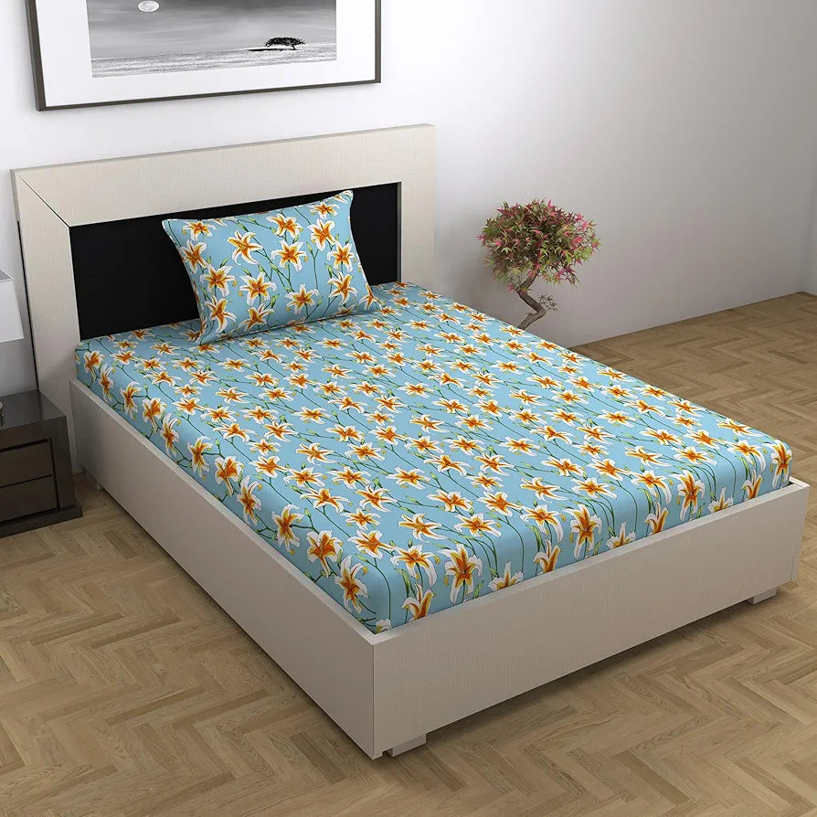 Divine Casa 100% Cotton Bedsheet for Single Bed, 144 TC Bedsheet Single Size Bed Cotton with 1 Pillow Cover 