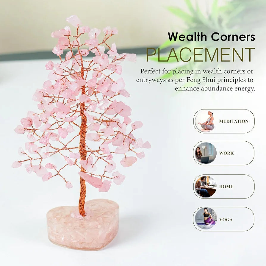 ZAICUS Rose Quartz Crystal Bonsai Tree with Heart Base – Handmade Feng Shui Tree for Love, Harmony & Healing – Home Decorative Item - Showpiece Good Luck Gift