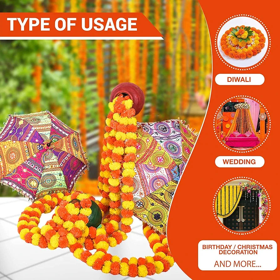 HOME BUY Artificial Marigold Flowers for Decoration Garland for Diwali & Festivals | 5 Feet Long 5pcs in 1 Packet 