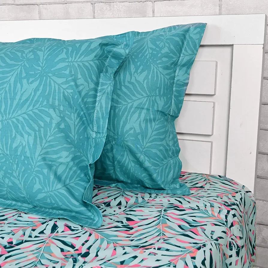 Divine Casa 144 TC 100% Cotton Double Bedsheet with 2 Pillow Covers | Soft, Durable & Skin-Friendly Fabric for All-Season Use | 254 x 222 CM | Tropical Leaf | Light Blue Pink | Bedroom Decor Upgrade