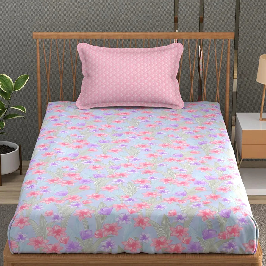 FRESH FROM LOOM Microfiber Soft Cotton Single Bedsheet | 200 TC Single Size Soft Bed Cover with 1 Pillow Cover | Hypoallergenic Bedsheet for Single Bed | Anti Fade, Printed 