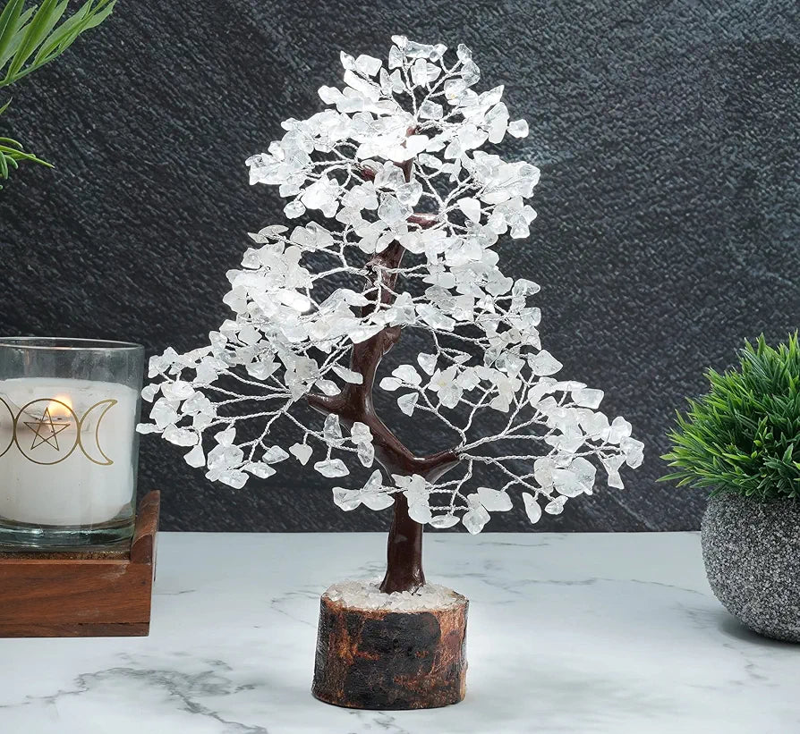 HindCraft Clear Quartz Crystal Tree Good Luck Showpiece for Home Decor Items Crystals Gemstones Bonsai Money Tree for Good Luck, Decoration Gift Item, Silver Wire, 10-12 inch