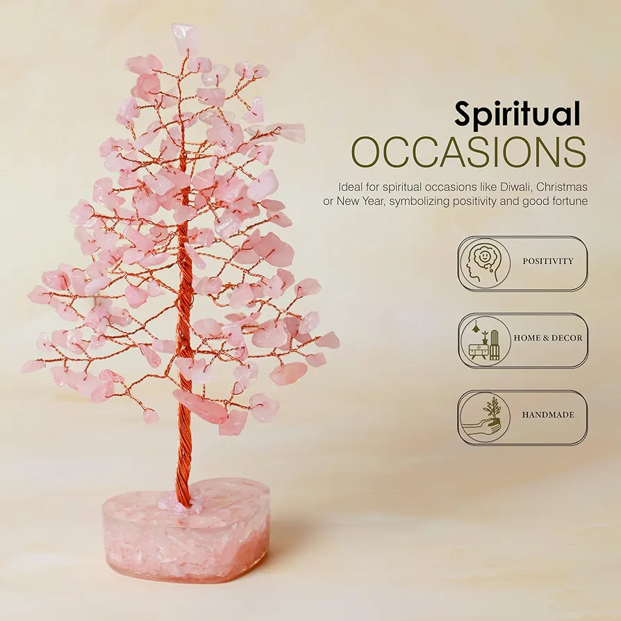 ZAICUS Rose Quartz Crystal Bonsai Tree with Heart Base – Handmade Feng Shui Tree for Love, Harmony & Healing – Home Decorative Item - Showpiece Good Luck Gift