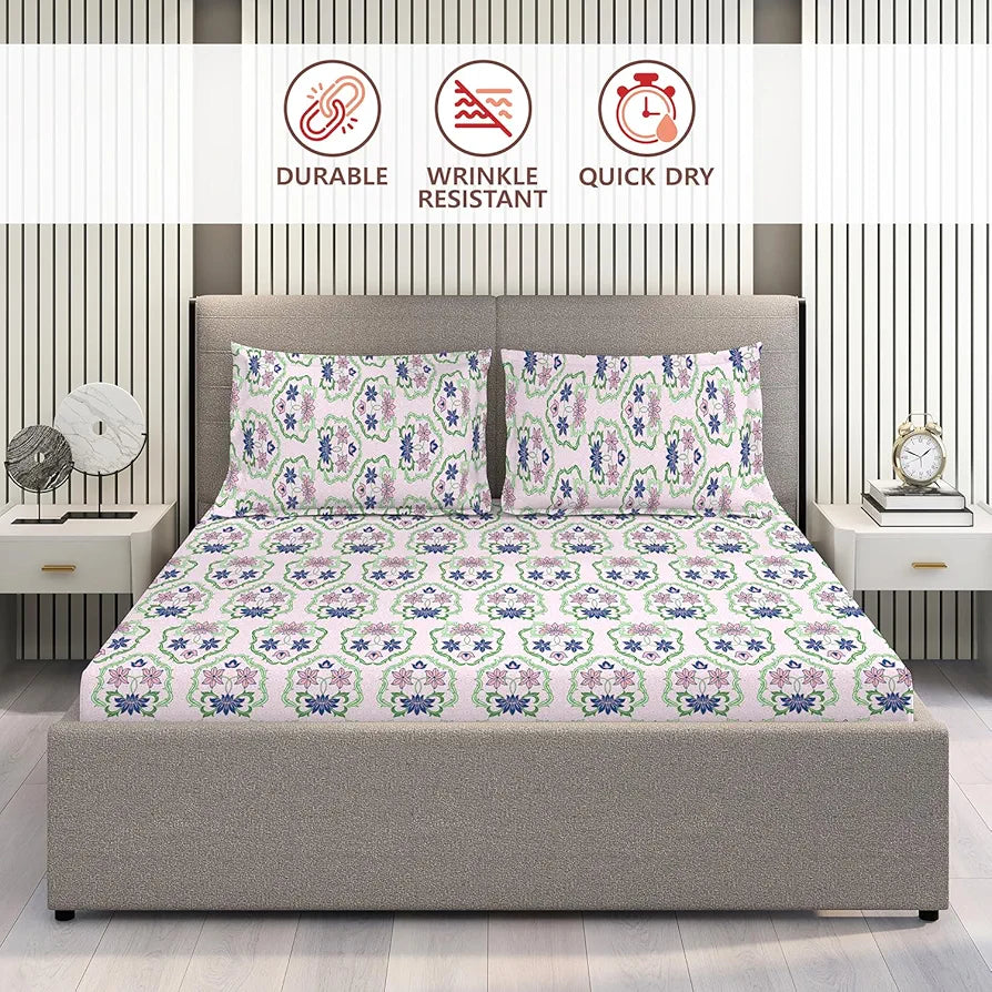 Layers Basicx 100% Cotton Bedsheet Set for All Seasons - Lightweight, Moisture Absorbent, Machine Washable & Easy to Care - Gift for Housewarming & More - 120 TC - Queen Size 