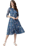 Janasya Women's Blue Poly Georgette Floral Flared Western Dress