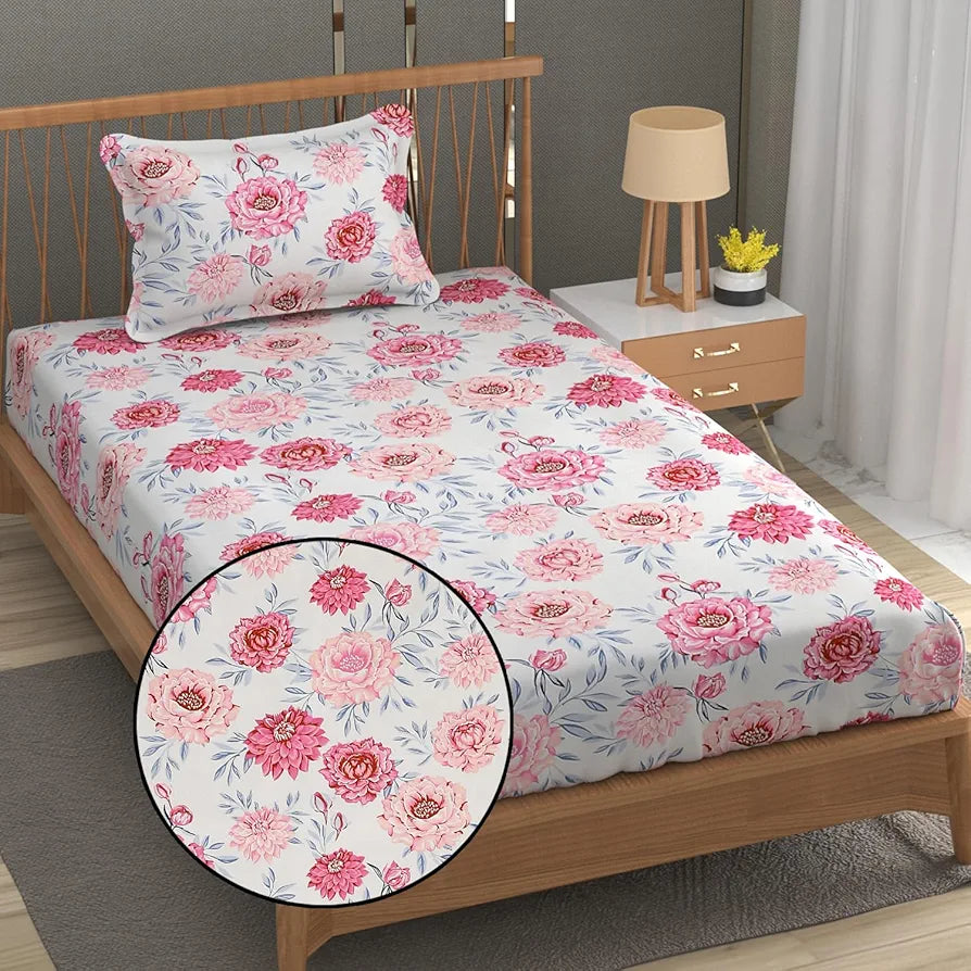 FRESH FROM LOOM Floral Print 240 TC Single Bed Microfiber Bedsheet Set - Soft & Anti Fade, 1 Pillow Covers Included 