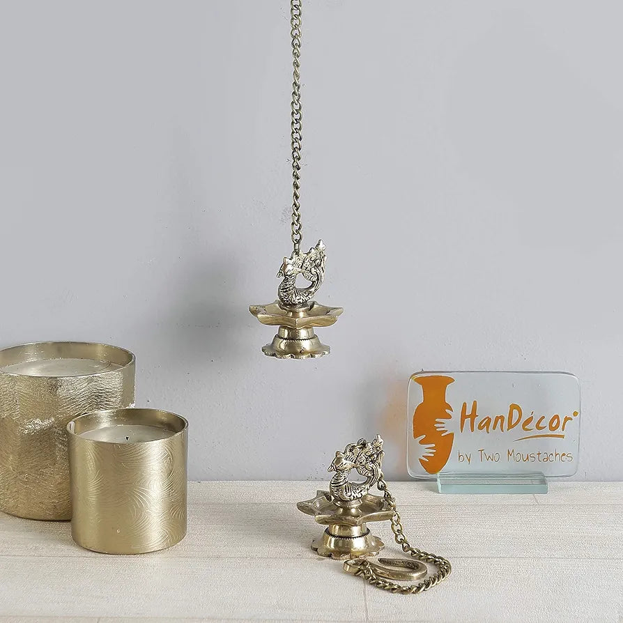 Two Moustaches Brass Peacock Carved Hanging Diya Set, Antique Yellow -Pack of 2, Standard