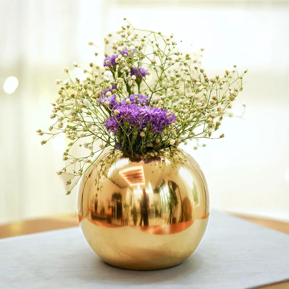 BEHOMA Metal Ball Round Flower Vase for Home Decor|Table Decorative Item for Bedroom Living Room Office Wedding | Best Gift for Birthday Anniversary Festival | Gold, Small