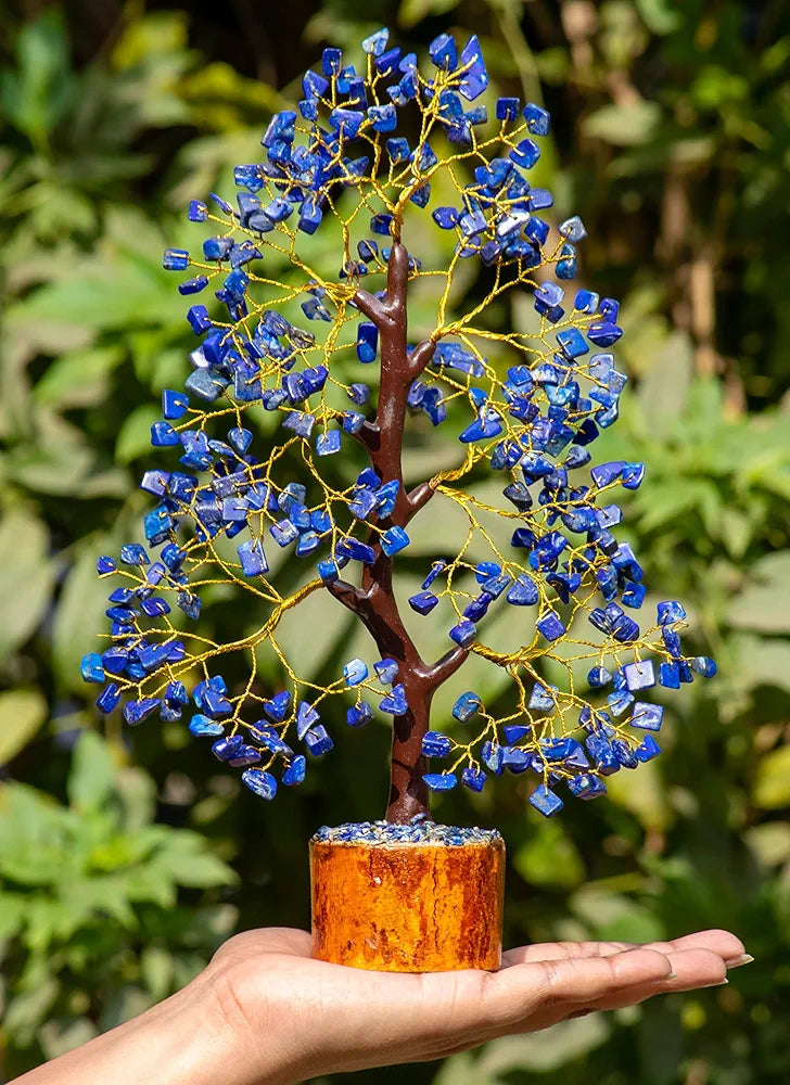 HindCraft Lapis Lazuli Crystal Tree Good Luck Showpiece for Home Decor Items Crystals Gemstones Bonsai Money Tree for Good Luck, Decoration Gift Item, Golden Wire, 10-12 inch
