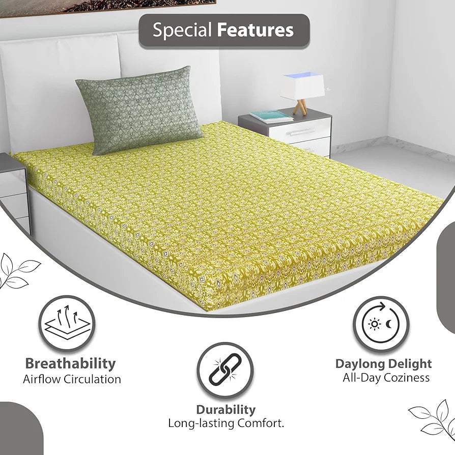 Divine Casa 144 TC 100% Pure Cotton Single Bedsheet with 1 Pillow Cover | Soft & Skin-Friendly Fabric for Everyday Comfort | All-Season Use | Size 223 X 145 CM | Ikat Diamond Print | Mustard Yellow