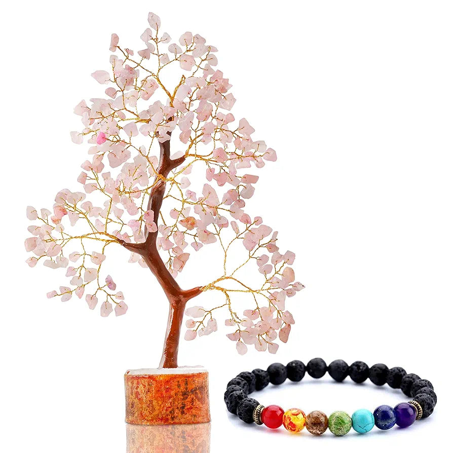 Reikved Rose Quartz Pink Crystal Gemstone Bonsai Money Tree with Chakra Bracelet for Home Kitchen Decoration Showpiece Good Luck Decor Gift Item with 300 Beads Size 10-12 Inches 