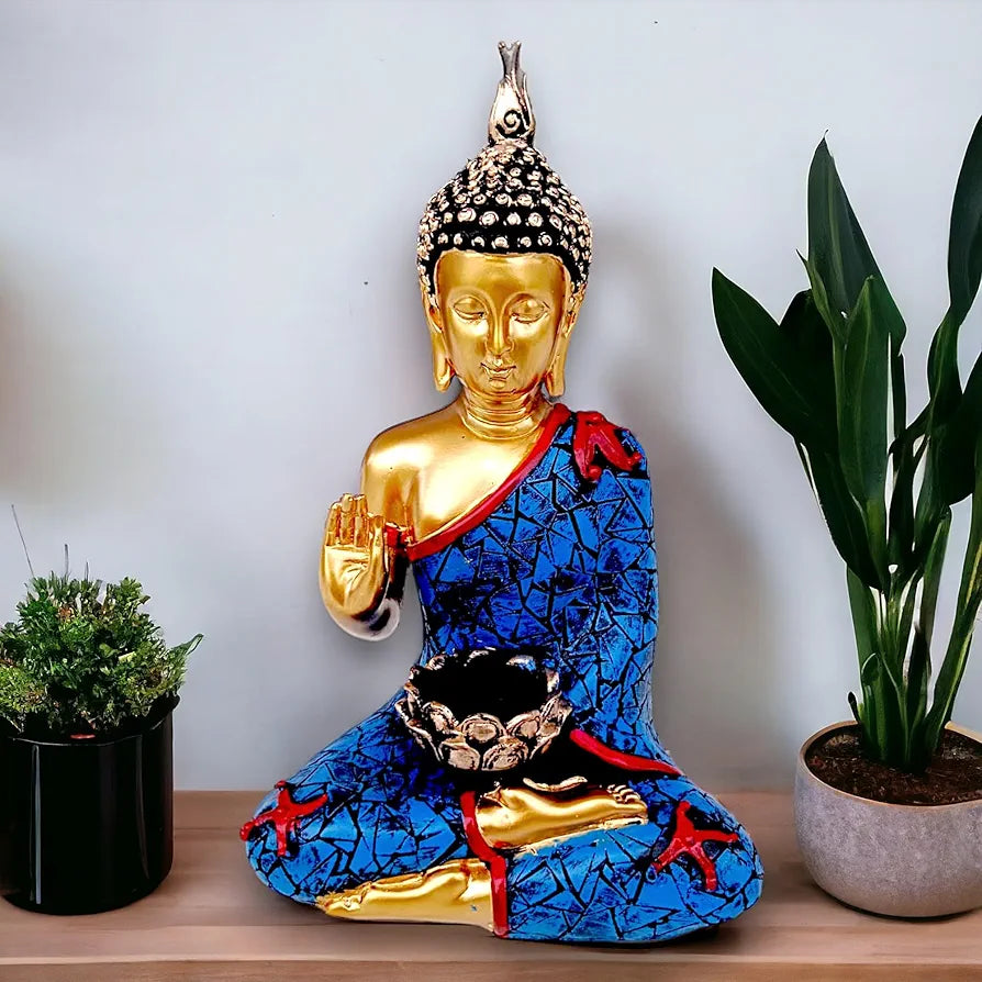 NEELAYA Meditating Buddha Statue with Tealight Candle Holder Polyresin Showpiece for Home Decor Living Room Office Vastu Gift Housewarming 28 cm Gold Blue