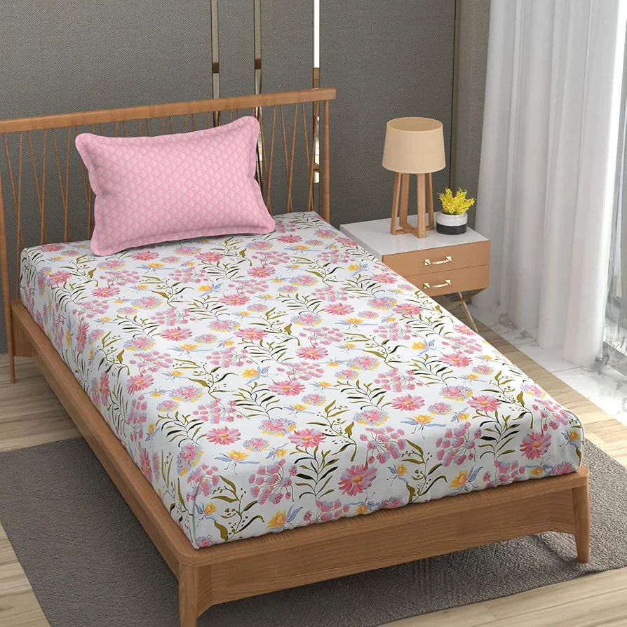 FRESH FROM LOOM Microfiber Soft Cotton Bedsheet for Single Bed | Bedsheet for Single Bed | 200 TC Hypoallergenic Bed Sheet with 1 Pillow Cover | Anti Fade,Printed 