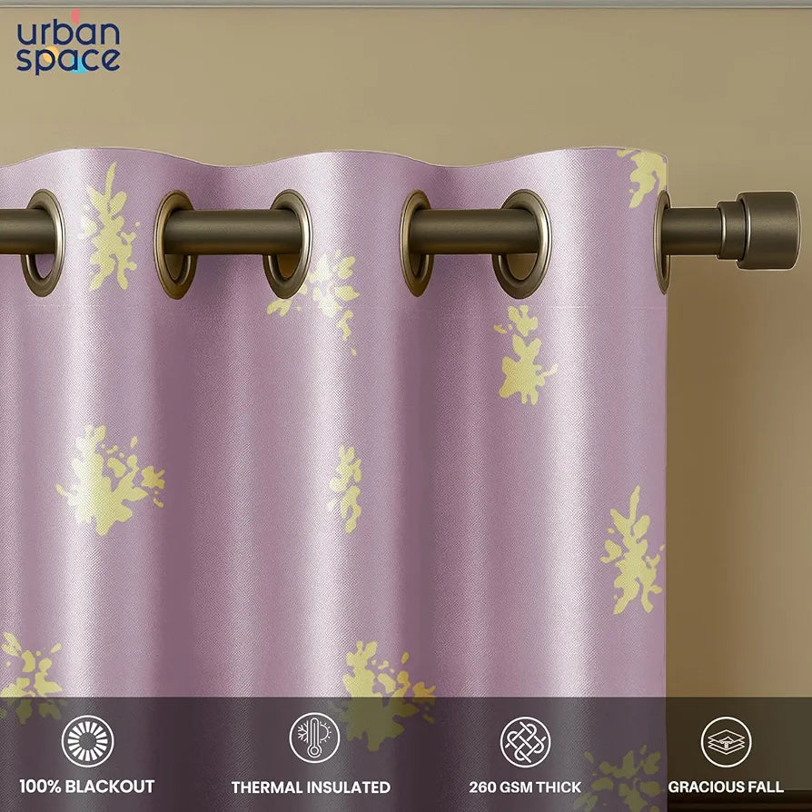 Urban Space Blackout Curtains for Living Room, Gold Foil Printed Luxurious 100% Blackout Decorative Door Curtain Eyelet with Tieback, 1 Piece 