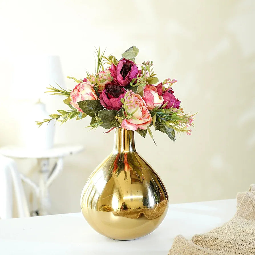 Behoma Metal Golden Flower Vase for Home Decor Bedroom Living Room Office Wedding | Table Decorative Item for Festivals Birthday Gold Tall Vase 