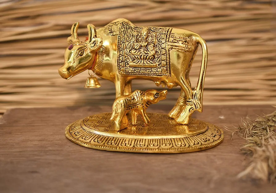 JAIPUR ACE Kamdhenu Cow with Calf Statue, Standard Size, Golden   