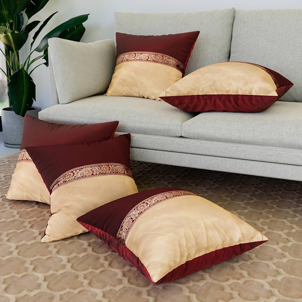 Kuber Industries Cushion Cover | Pillow Covers for Sofa | Throw Cushion Cover | Dupion Polyester Cushion Covers | Center Lace Cushion Covers | Set of 5 | 16 Inch | Maroon