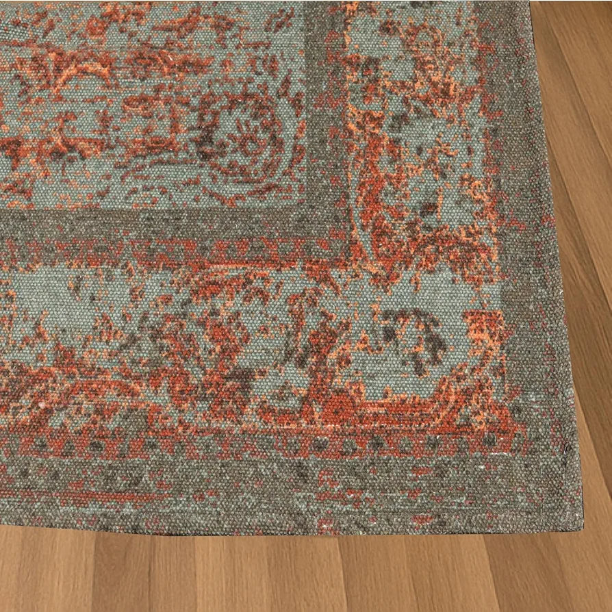 SAJAVAT HOME Cotton Printed Floor Rug | Soft and Durable Indoor Carpet for Living Room, Bedroom, Kitchen, and Home Decor | Green Multi Printed All-Season Area Rug | 4x6 Feet  | Pack of 1