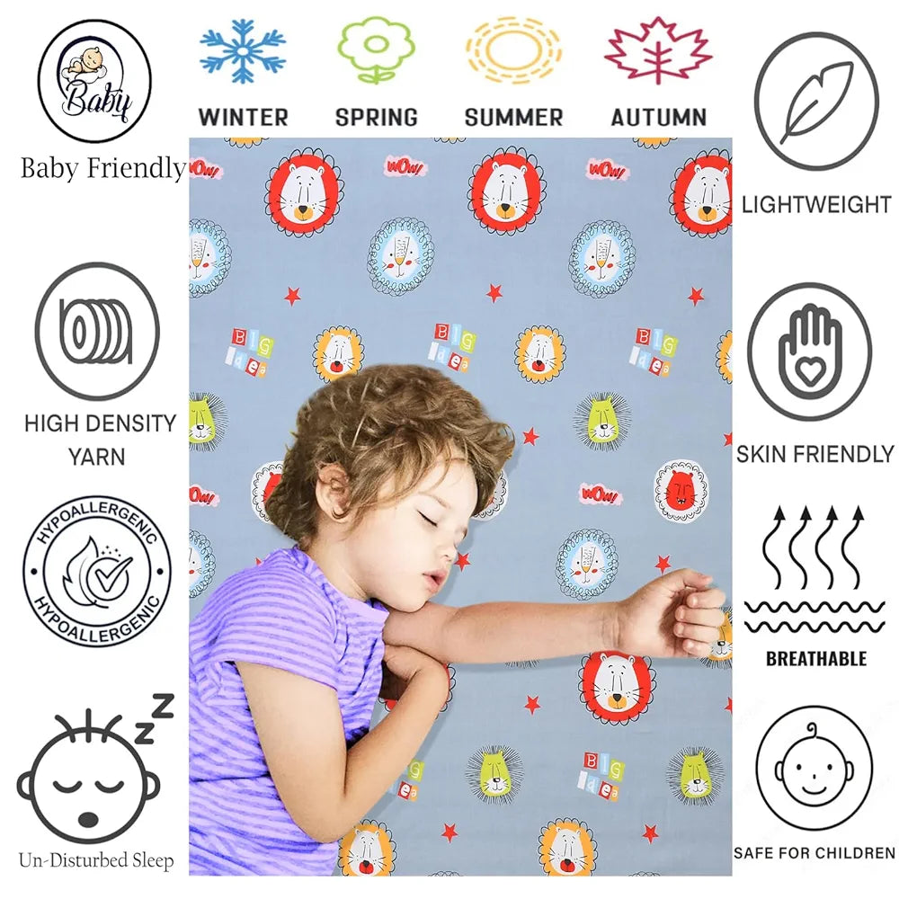 FRESH FROM LOOM Glace Cotton 300 tc Wrinkle Free Soft Hypoallergenic Elastic Fitted |Cartoon Printed Bedsheets For Kids With 1 Pillow |Jungle/Blue), Smallsingle