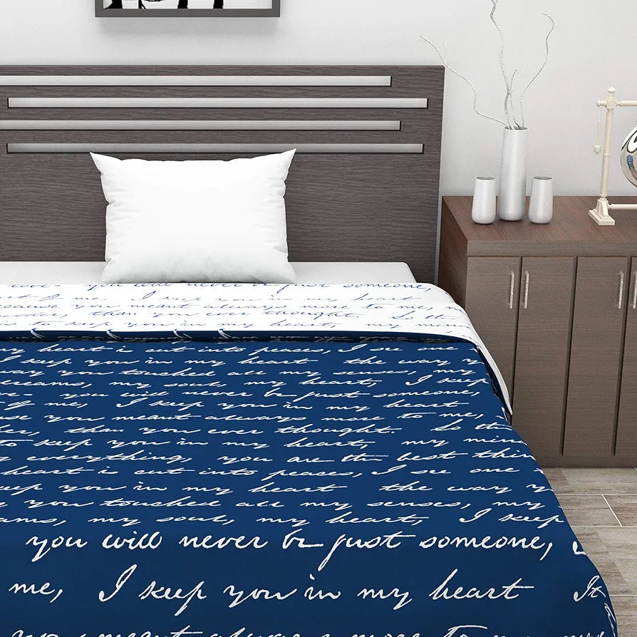 Divine Casa Microfiber 120 GSM Single Bed Dohar | Navy Blue, Typography Print | Size 140 x 210 cm | Lightweight Reversible AC Blanket