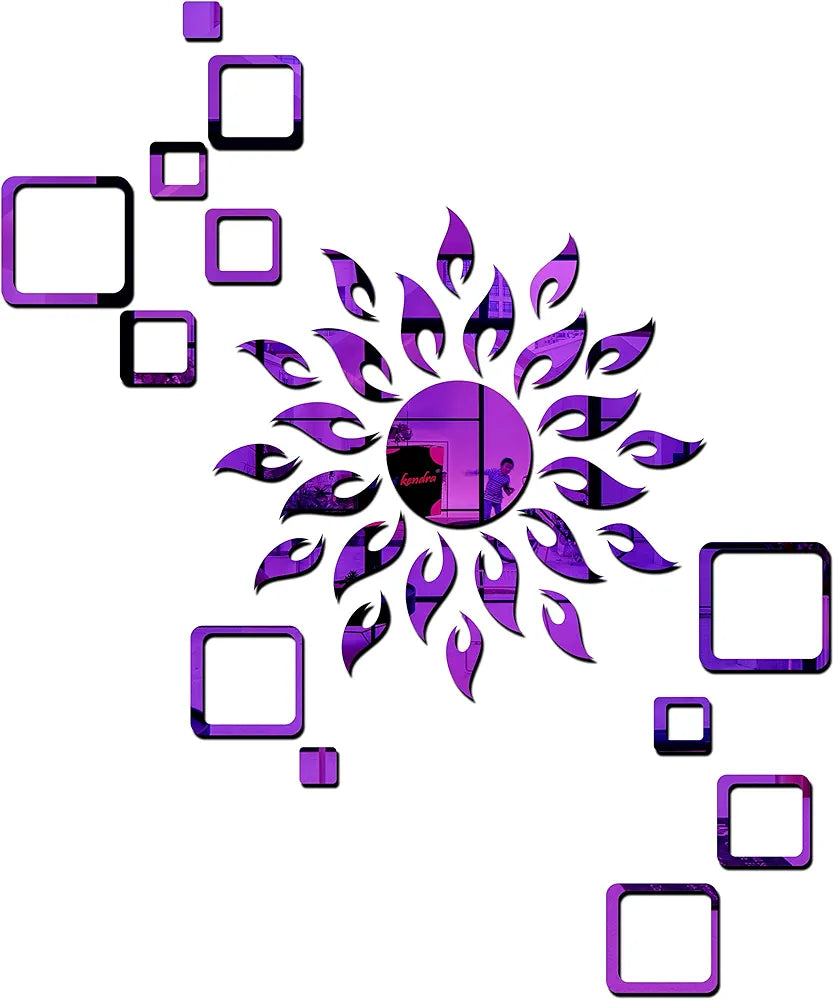 Bikri Kendra - Art BK113, Sun Purple with Square Purple 2 Set - 3D Acrylic Mirror Stickers for Wall
